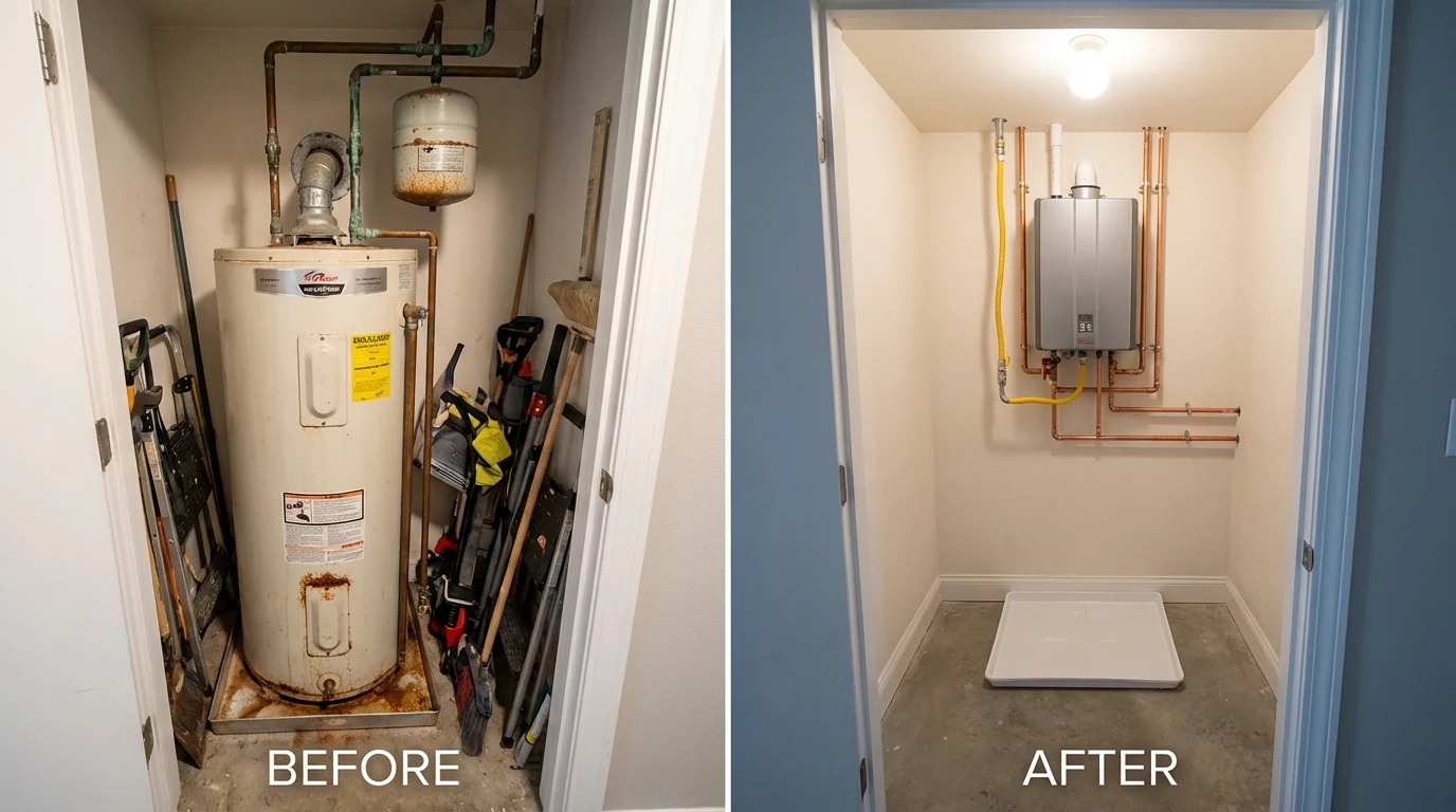 Tank water heater versus wall-mounted tankless unit comparison for Webster, TX homeowners