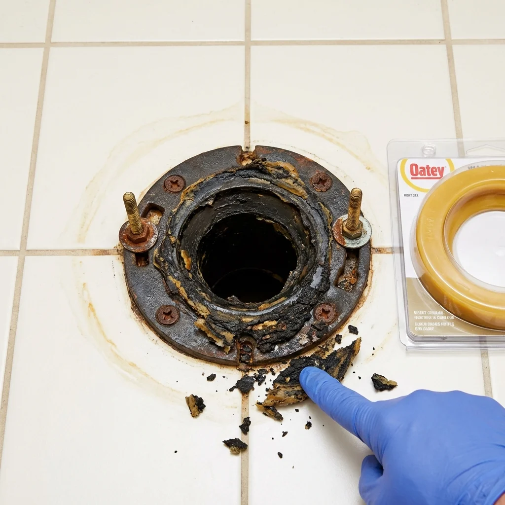 Failed wax ring showing water seepage at the base of a toilet in a Webster, TX home