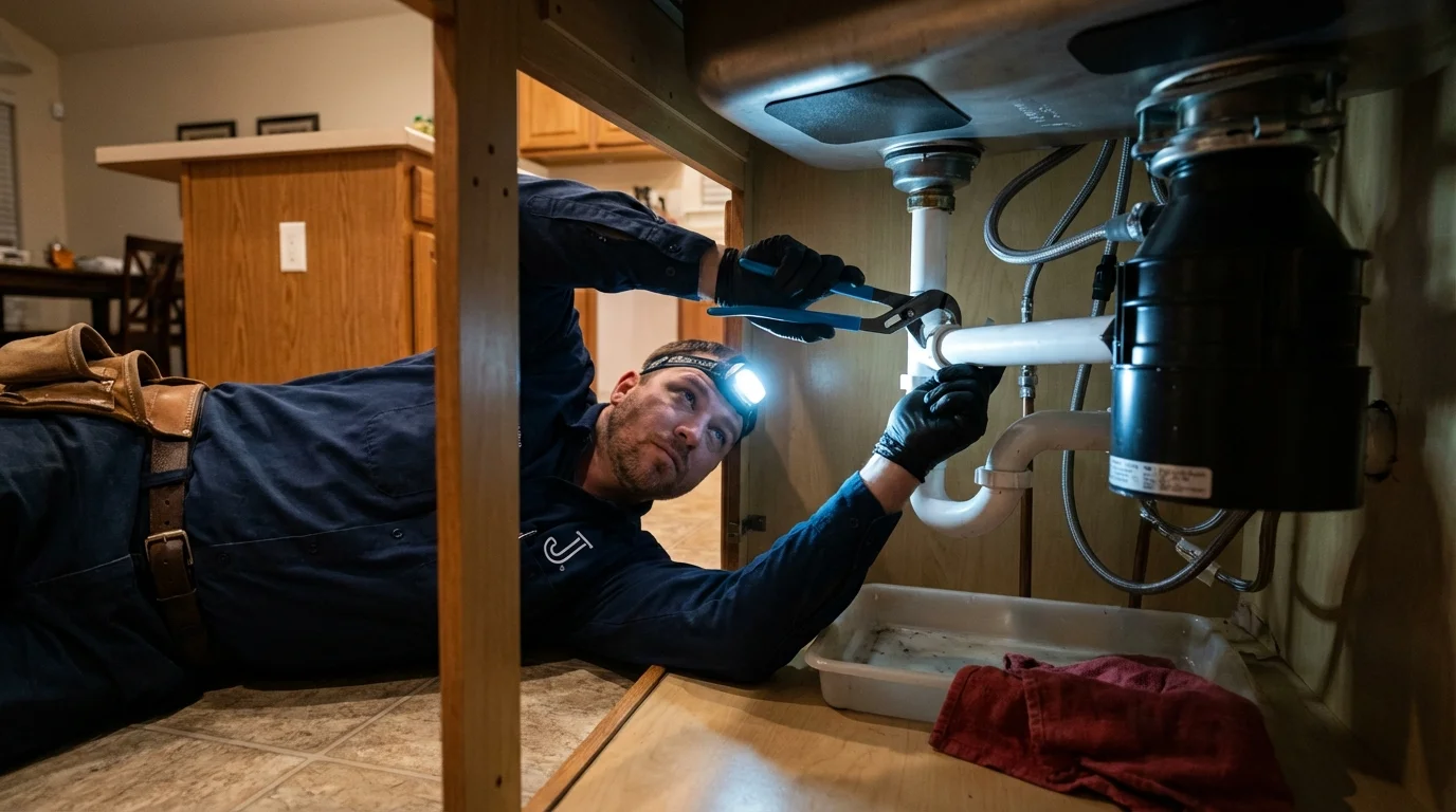 P-trap and supply line connections under a kitchen sink showing a common leak point in Webster, TX